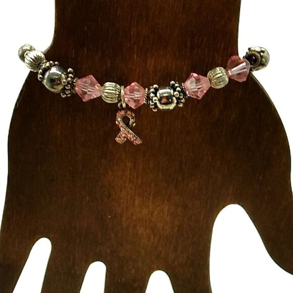 Pink & Silver-tone Breast Cancer Awareness Beaded Bracelet w Sterling Pink Charm - Picture 2 of 11